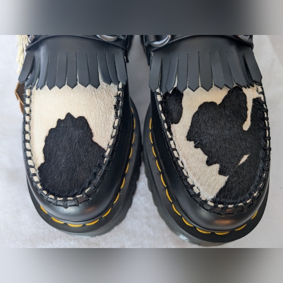 Dr. Martens Adrian Snaffle Quad Black/White Cow Print Horsebit Leather Loafers - Picture 6 of 14